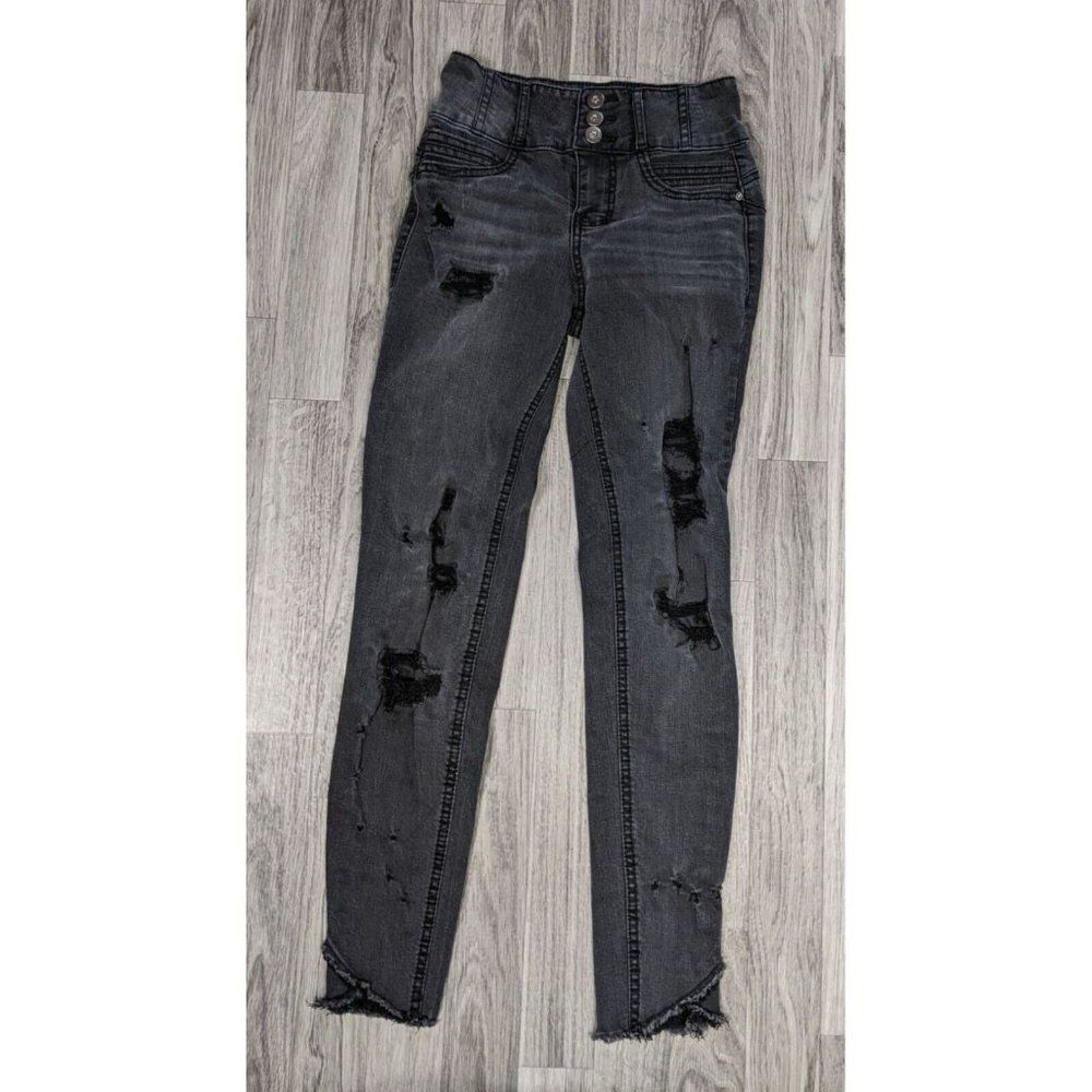 NOBO No Boundaries Juniors Size 1 High Rise Sculpt Skinny Distressed Black Jeans